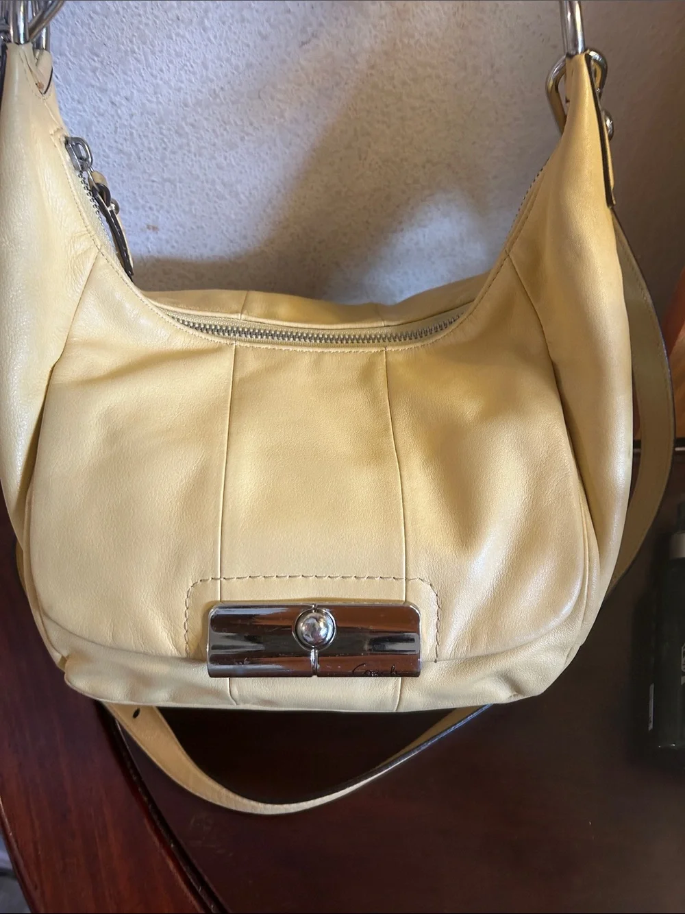Coach Yellow Leather Hobo Bag with Chain Accented Long Strap